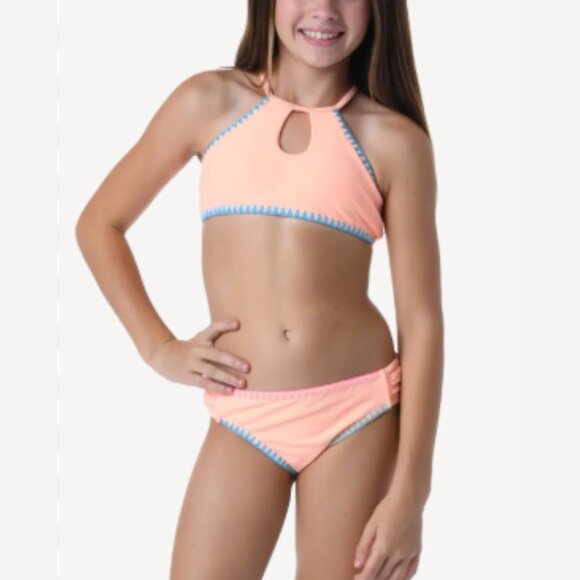 Hobie Kids Sandy Shells Keyhole High Neck Bikini Set Halter Peach & Blue Size 16 - Picture 5 of 5